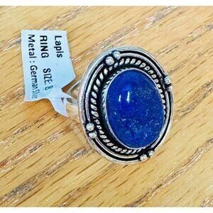 Lapis Lazuli Real Gemstone Ring  1 Inch Embellished Setting Ring Size 8